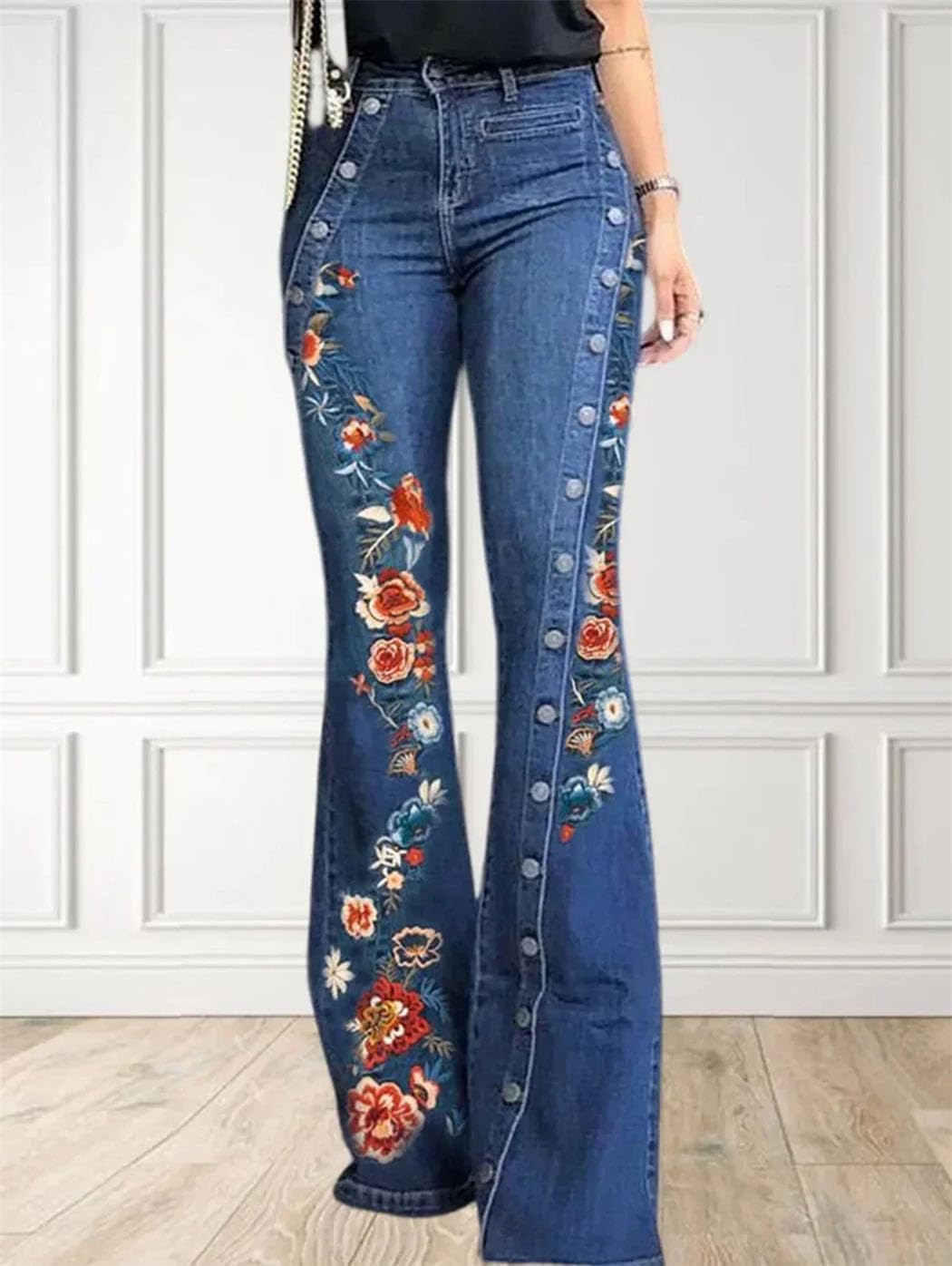 Women High Waist Wide Leg Jeans Patchwork Harajuku Style Denim Pants for Street Vintage Looks