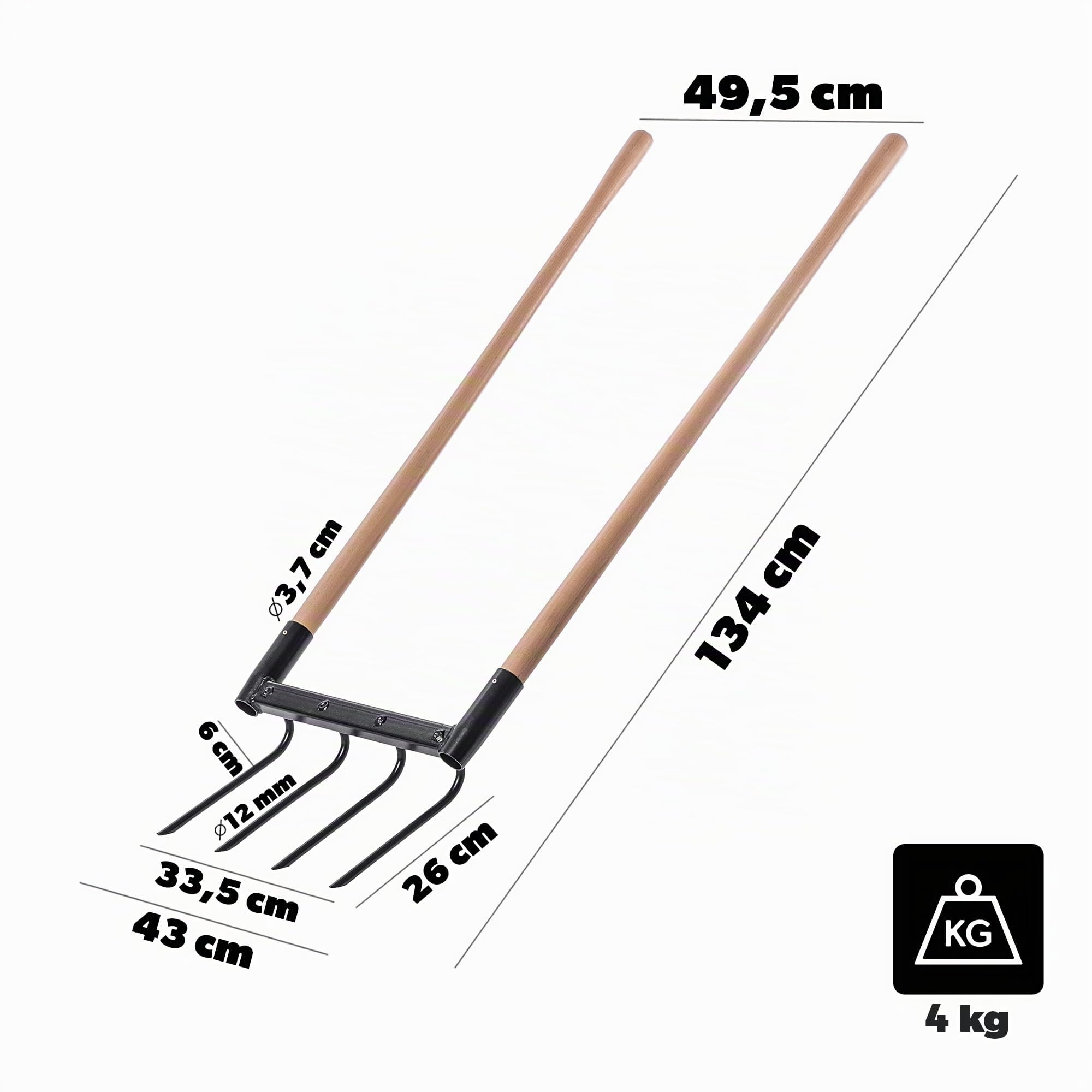 KADAX Fourche de jardin avec 4 dents et longues poignées en bois, fourche à creuser pour ameublir le sol et le jardinage, fourche large pour aérer les sols (49,5 x 134 cm)