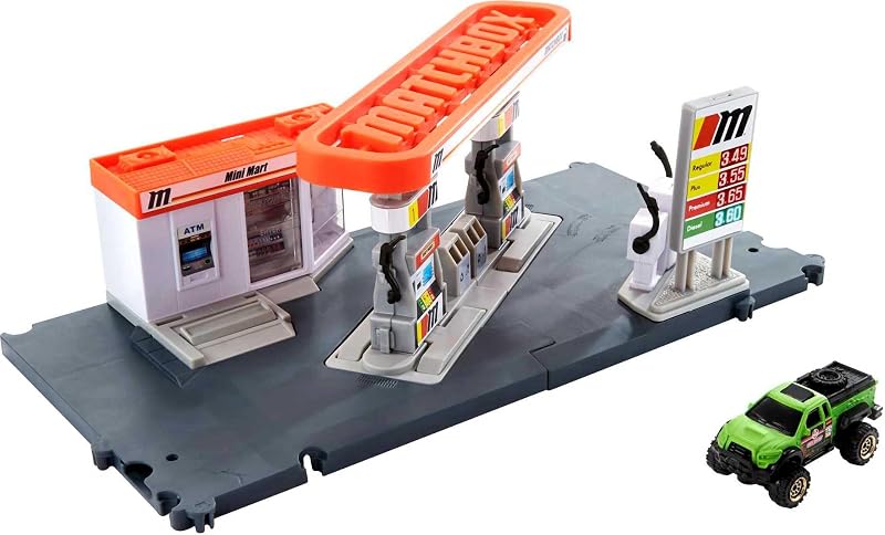 Juego de autos de juguete Matchbox, estación de combustible para conductores de acción y camión de juguete a escala 1:64, mangueras de gas celulares y funciones activadas por el auto