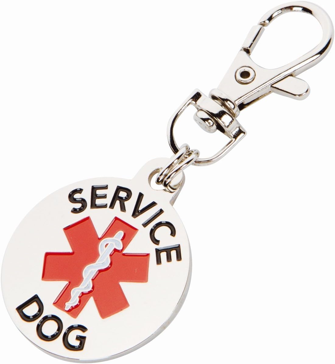 K9King SERVICE DOG TAG Double Sided with Red Medical Alert Symbol 1.25 inch Diameter. Easily Switch between collar vest and harness
