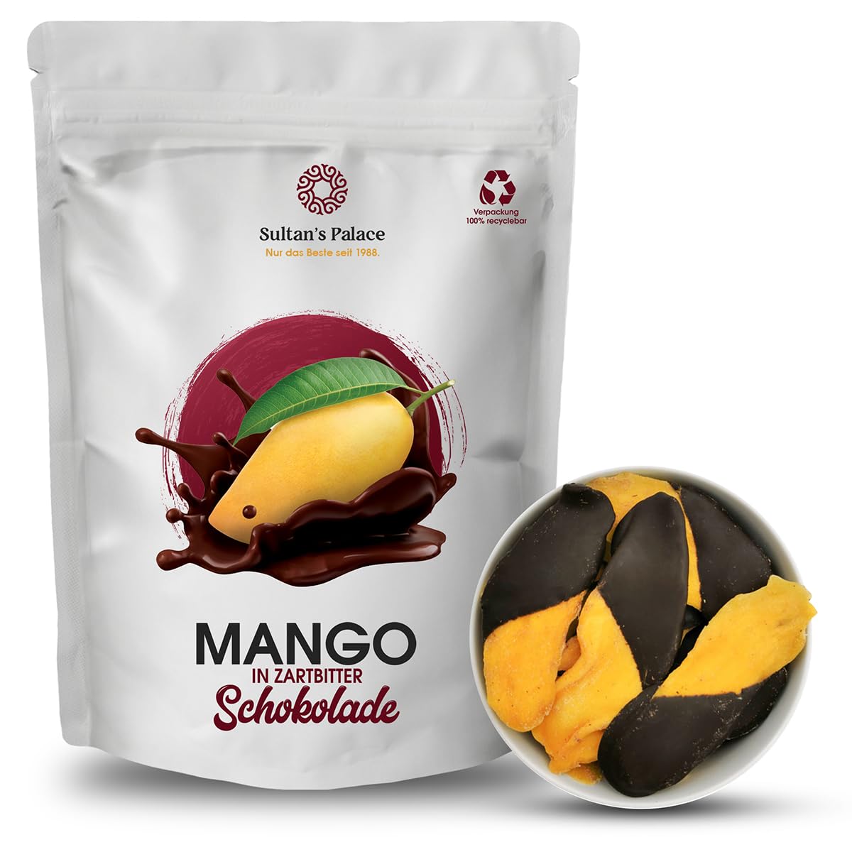 Sultan's Palace Getrocknete Mango in Zartbitter Schokolade - 200g – Feinherbe Bitterschokolade – Schokoladenfrüchte – Geschenkidee