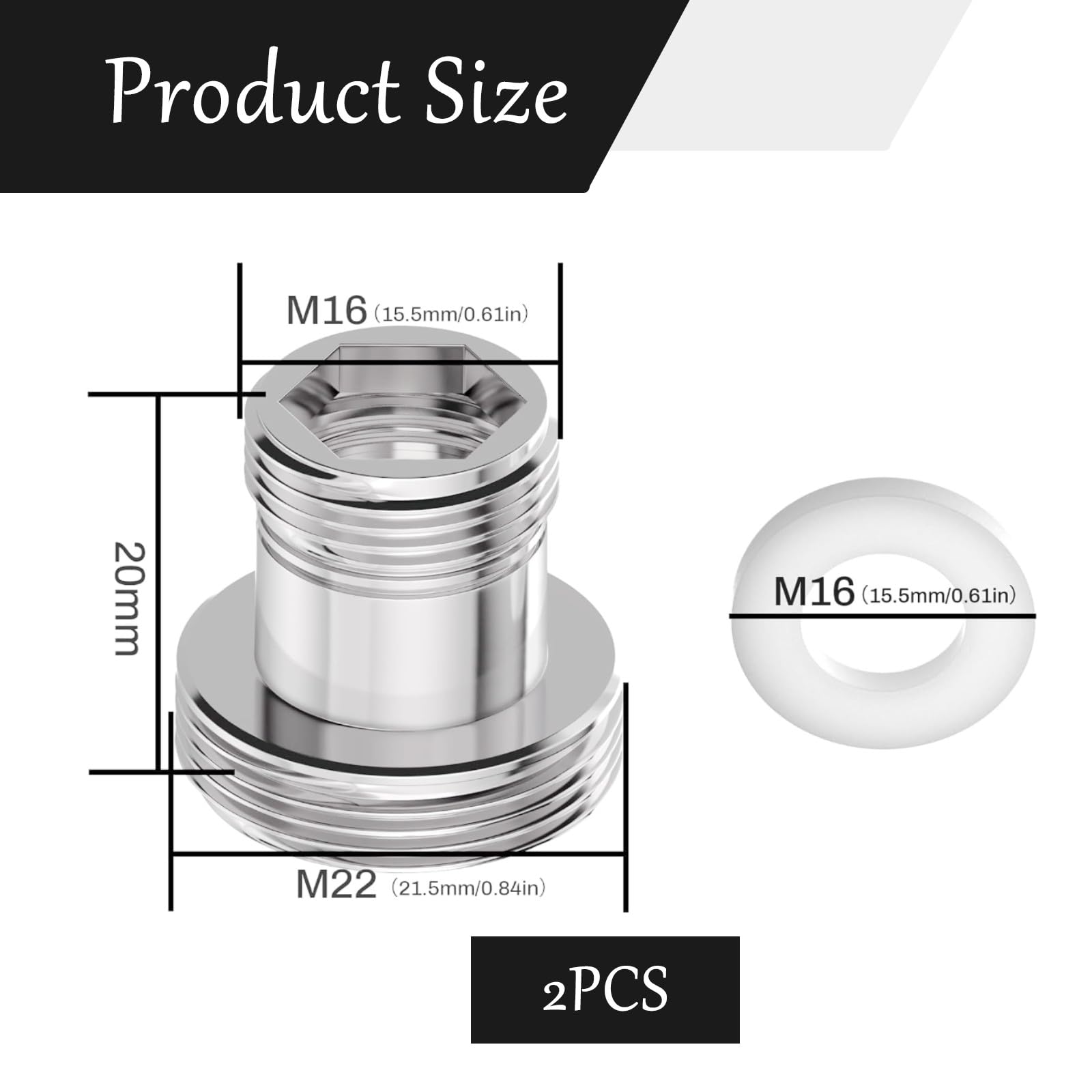 2 adattatori per rubinetto, adattatore per collegamento dell'acqua, adattatore per rubinetto M22 su M16, filettatura metrica M22 su M16, materiale in alluminio, adatto per rubinetti (argento)