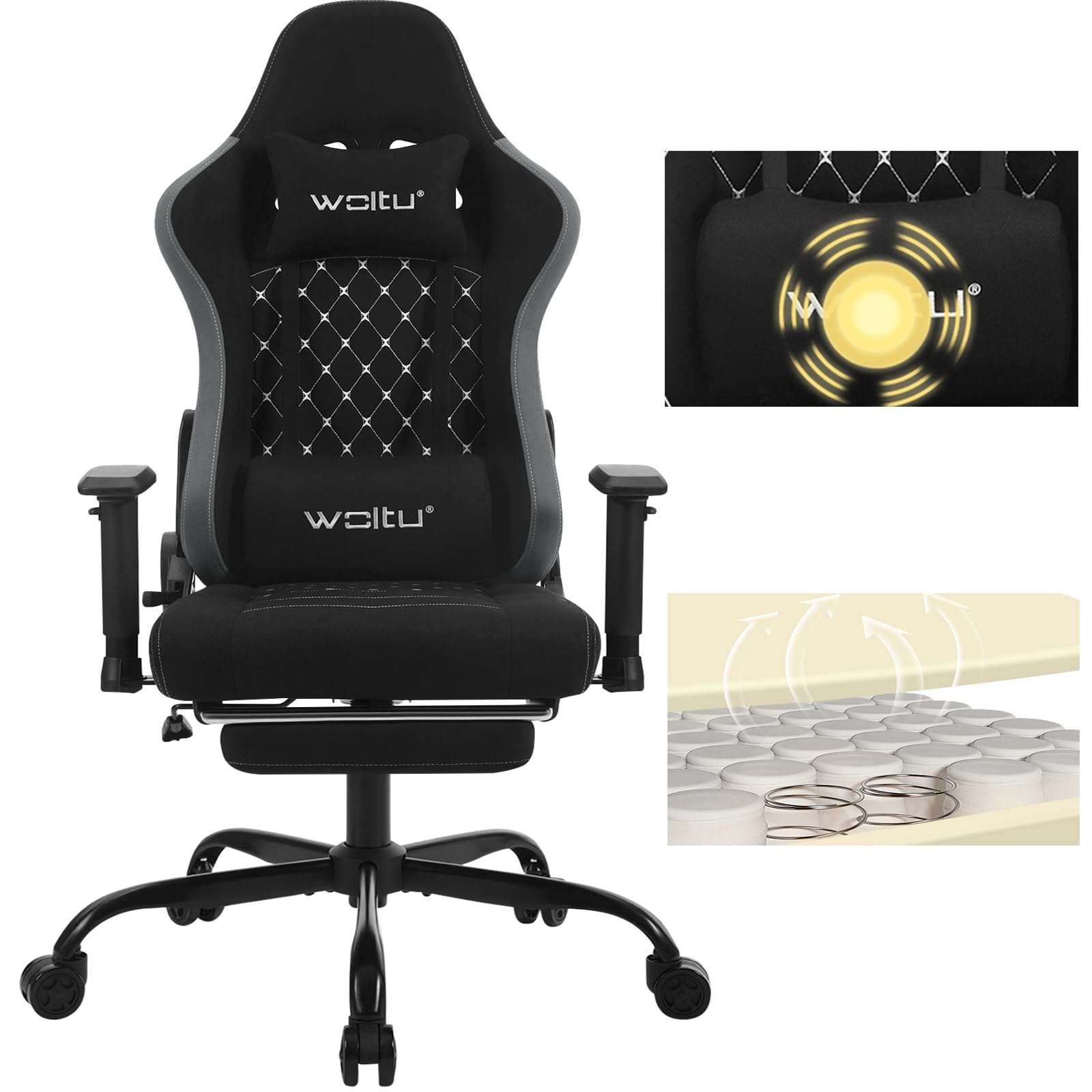 WOLTU Silla Gaming con Masajeador, Silla Ergonómica Oficina, Silla Escritorio con Reposacabezas, y Soporte Lumbar, Sillon Gaming Reclinable, Asiento Ancho, 150 kg, Tela sintética, Negro+Gris, GS09szg