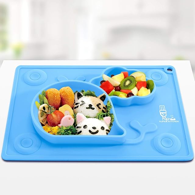 Silicone Baby Suction Plates for Toddlers Kids, Babies Feeding Mat, Placemat, Suction Bowl for Baby Led Weaning 27.5×19.7cm, Blue, by Super Kitchen