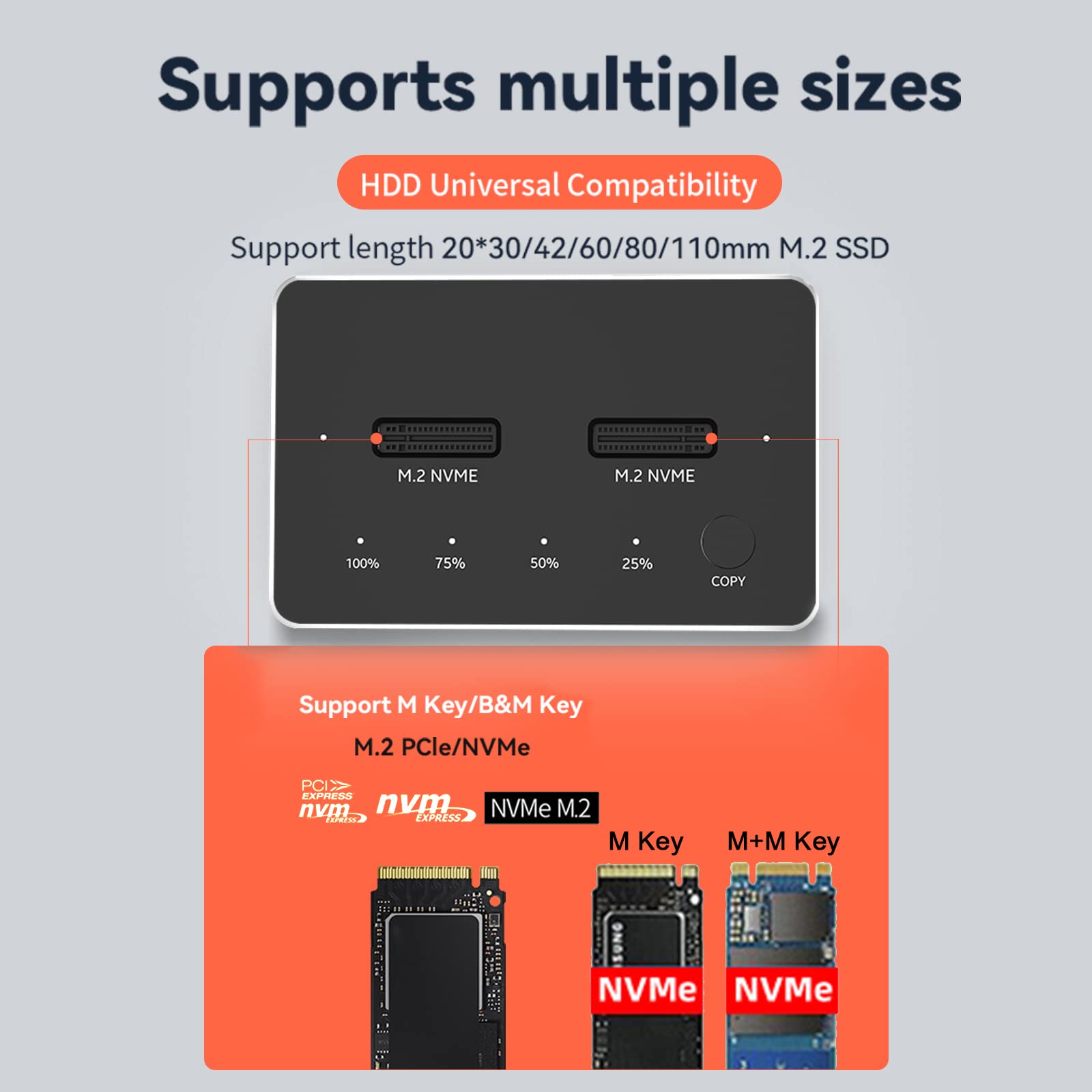 Adattatore SSD M.2 NVME Dual USB 3.1 Gen 2 10Gbps, Adattatori e alloggiamenti per Hard disk esterno in alluminio per 2230 2242 2260 2280 per sistema Win/OSX/Linux