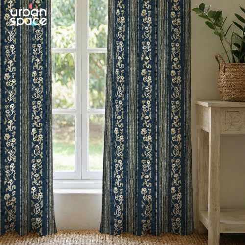Image of Urban Space 100% Cotton Floral Curtains 5 Feet Long Set of 2, 60-65% Room Darkening, Decorative Curtains with Eyelets /Rings for Hanging, Tieback Included (Garden Trail Indigo, Window - 5 Feet)