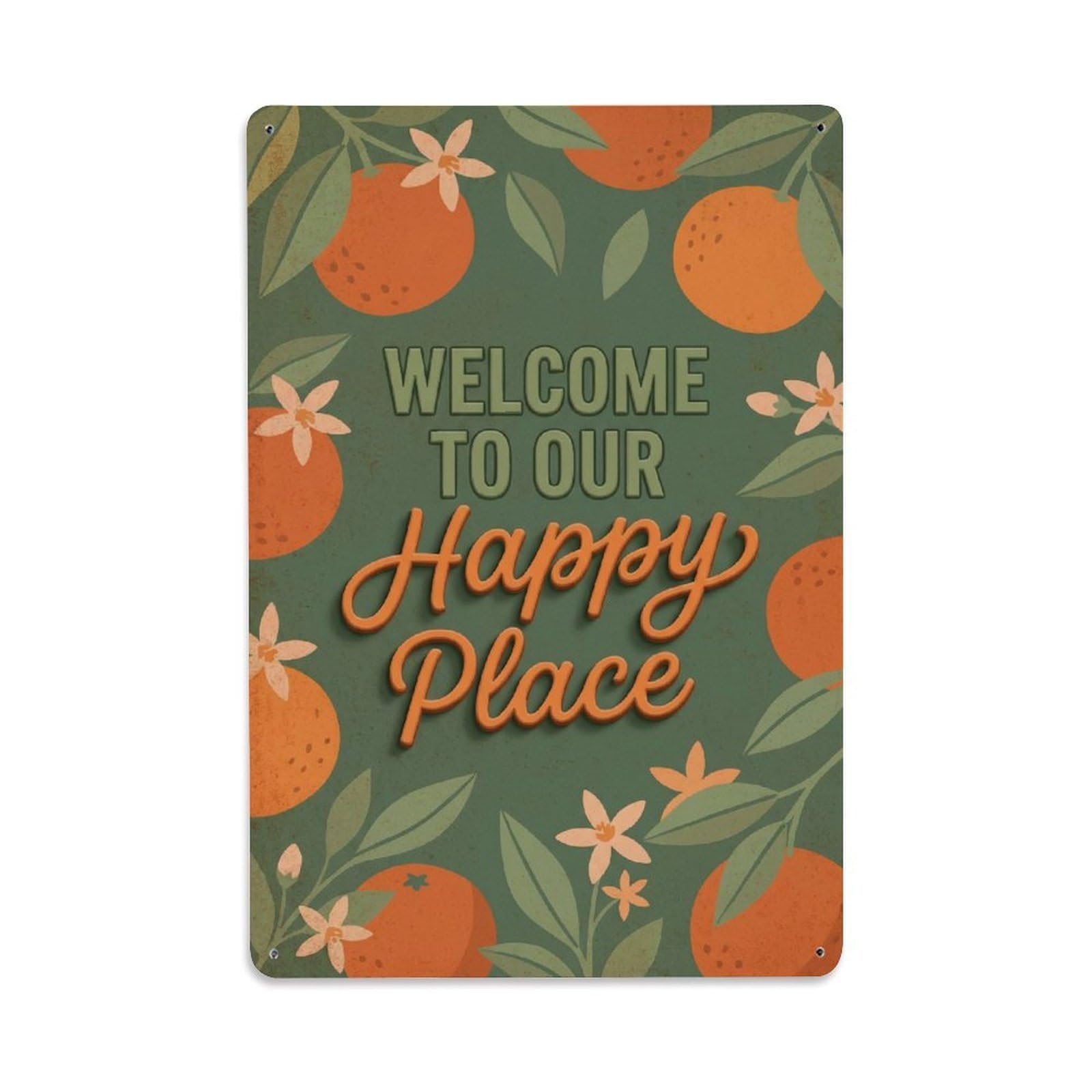 Okngb Style Oxide Patina Welcome Happy Place Porch Greeting Gate Metal Tin Sign Plaque Wall Decor For Cafe, Man Cave, Club Bar, Office, Home Garden Round Metal Poster 8X12inch