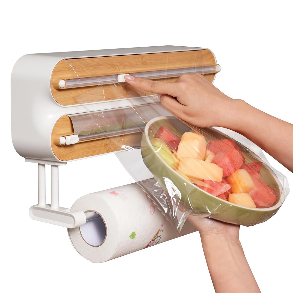 Dispensador de Film Transparente 3 en 1, Cortador de Papel de Aluminio, dispensador magnético de Papel de Aluminio y Film Transparente, portarrollos de Cocina magnético (Bambú)