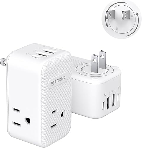 Miniatura 10 de TROND - Extensor de toma de corriente con enchufe giratorio de 360, divisor de 3 tomas de CA con 2 cargadores USB C PD de 20W, adaptador de enchufe