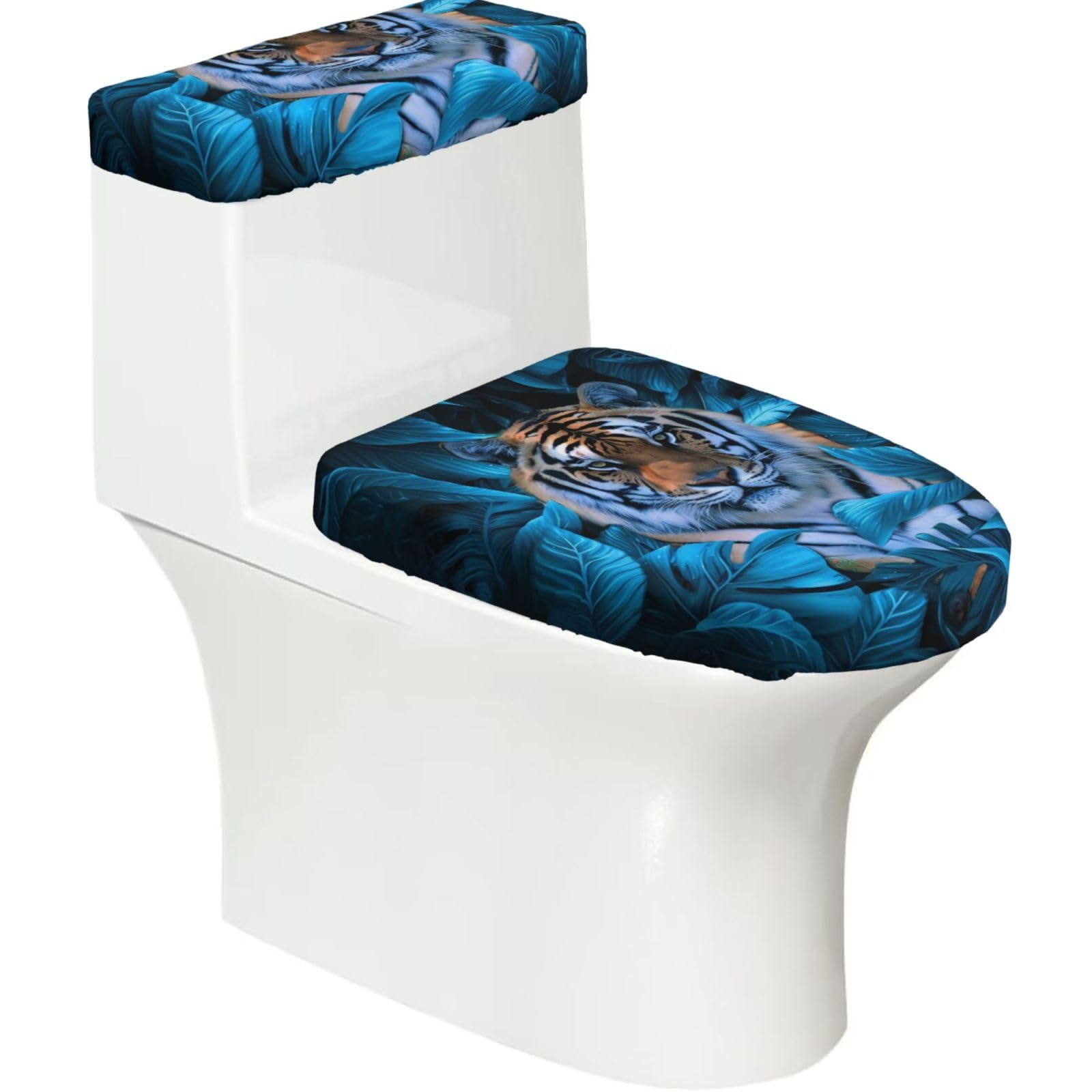African Wildlife Tiger 2-Piece Toilet Seat Cover Set with Tank Lid - Elastic for U-Shape & Elongated - Bathroom Decor