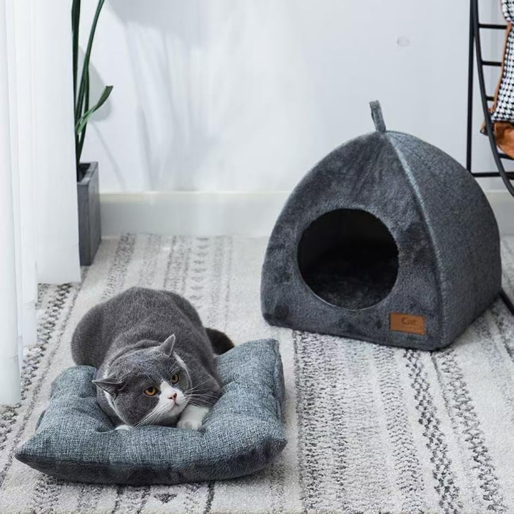 Cozy Plush Cat Cave Bed, Gray, Indoor Self-Warming Enclosed Pet House with Non-Slip Bottom