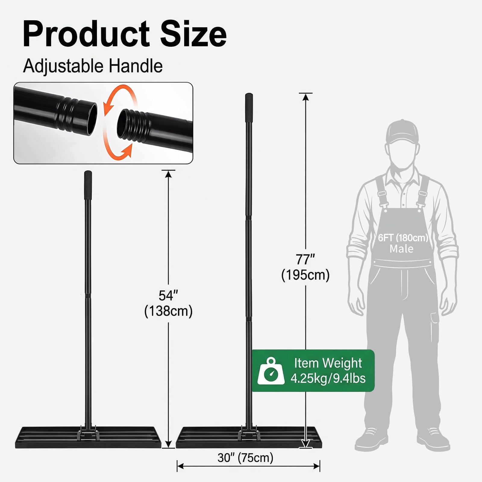 Lawn Levelling Rake, 76cm x 25cm Heavy Duty Metal Leveller with 200cm Ergonomic Long Handle, Gardening Tool for Smoothing and Leveling Uneven Lawn Surfaces Levleler — view 2