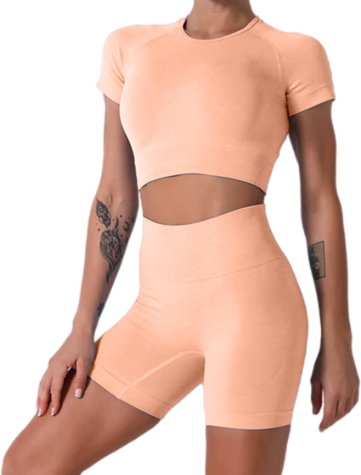 Nicytore Yoga Outfits for Women 2 Piece Set Tracksuit Seamless Short Sleeve Crop Top Workout and High Waist Leggings Sportwear