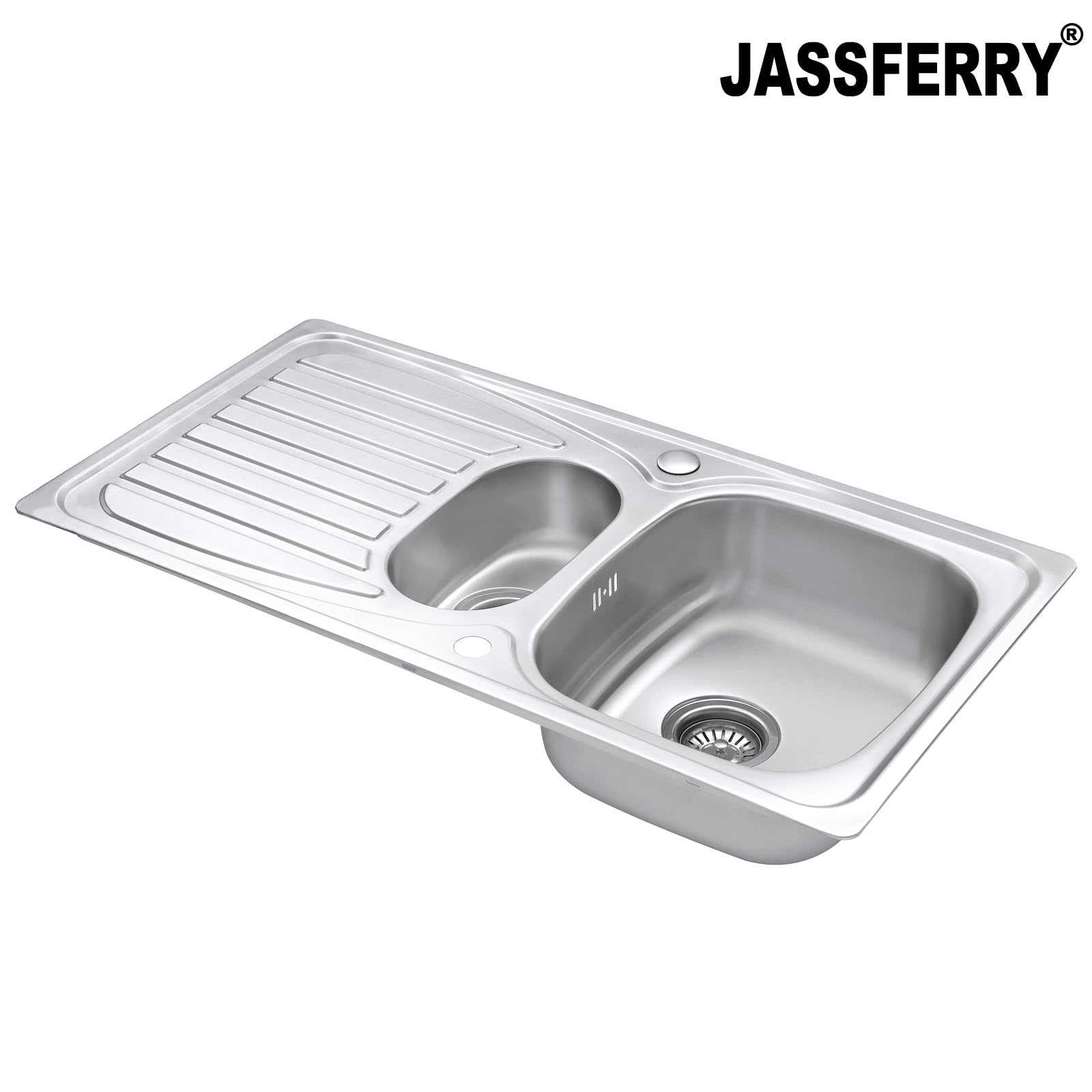 JASSFERRY Fregadero de cocina 1,5 senos, de Acero Inoxidable, escurridor reversible, con colador de residuos
