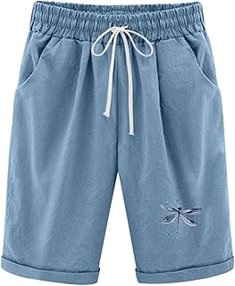 Summer Knee Length Shorts for Women 2025 Cotton Linen Bermuda Shorts Elastic Waist Workout Shorts Casual Loose Beach Shorts