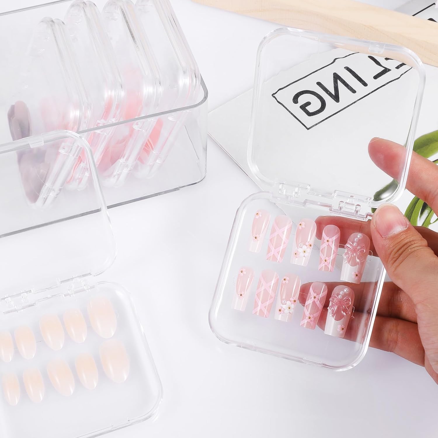 36 Pcs Press on Nail Storage Box Container All-In-One Clear 3 pcs Double Sided Tape Acrylic Display Fake Nail 3 Big Storage Box Organizer Case Artificial False Nail Boxes Packaging for Press Ons