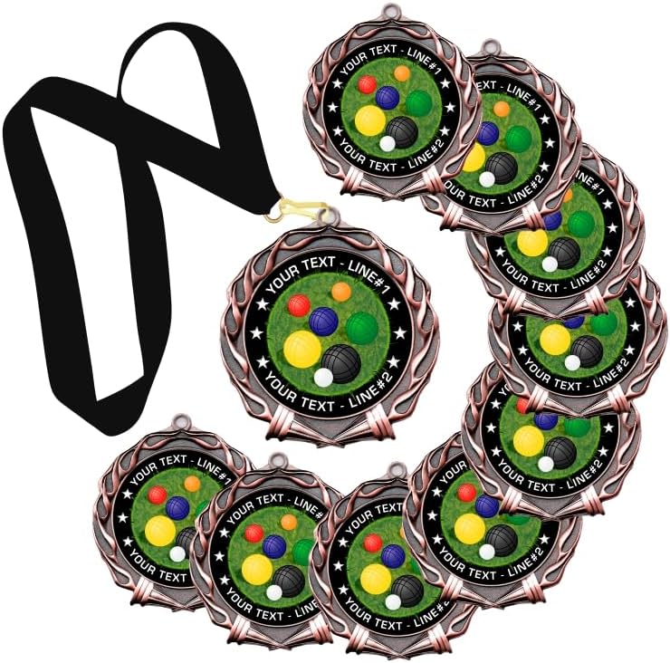 10 Pack Bocce Ball award Medal, Specify YOUR CUSTOM TEXT on our Bocce Ball award medal design. Large 2-3/4” diameter, Quality medal made from heavy metal alloys. Printed & Packaged USA