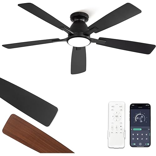 Fanbulous 52 inch Ceiling Fans with Lights, Smart Flush Mount Ceiling Fan and Remote APP, Modern Low Profile, 3CCT 20W LED with 6-Speeds Quiet Reversible Motor for Bedroom, Living Room, Kitchen, Black