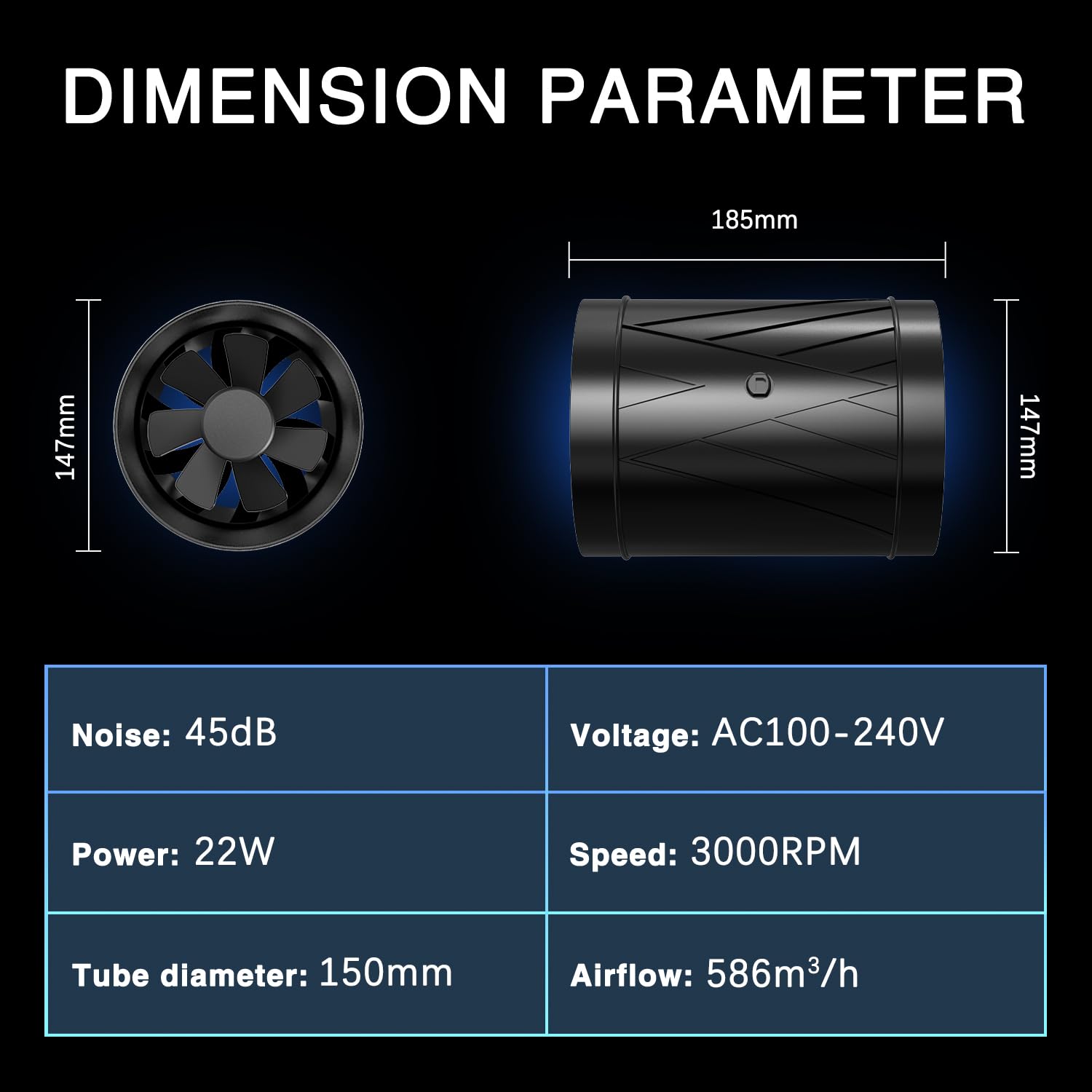 Aygrochy 150mm Rohrventilator Regelbar, EC-Motor Rohrlüfter 586m³/h, Abluftventilator für für Wintergarten Growzelte Keller Garage Küche
