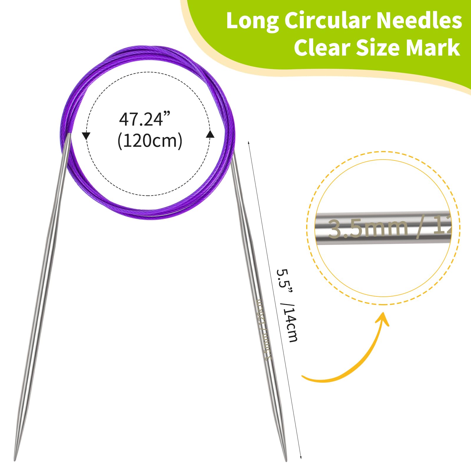 Coopay 3.5mm Circular Knitting Needles 120cm, Metal Circular Needles with Flexible Cable - Image 2