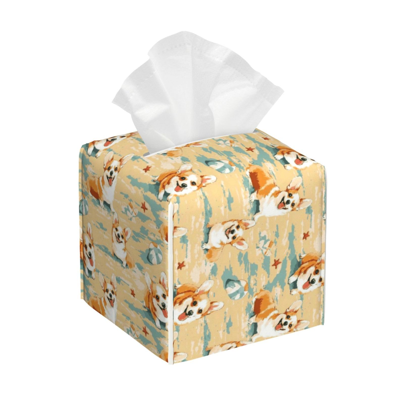 Cute Corgi Sand Starfish Print Tissue Box Cover Holder Square, Foldable Modern Cube Tissue Box Cover, Leather Decorative Organizer for Tabletop Bathroom Car Office Desk Decor
