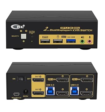 DisplayPort 1.4 8K@30Hz 5K@60Hz 4K@144Hz Dual Monitor KVM Switch for Home and Office to Console Desktops/Laptops, Support USB 3.0, Hot Key, Audio, Wireless Keyboard and Mouse 622DP-4