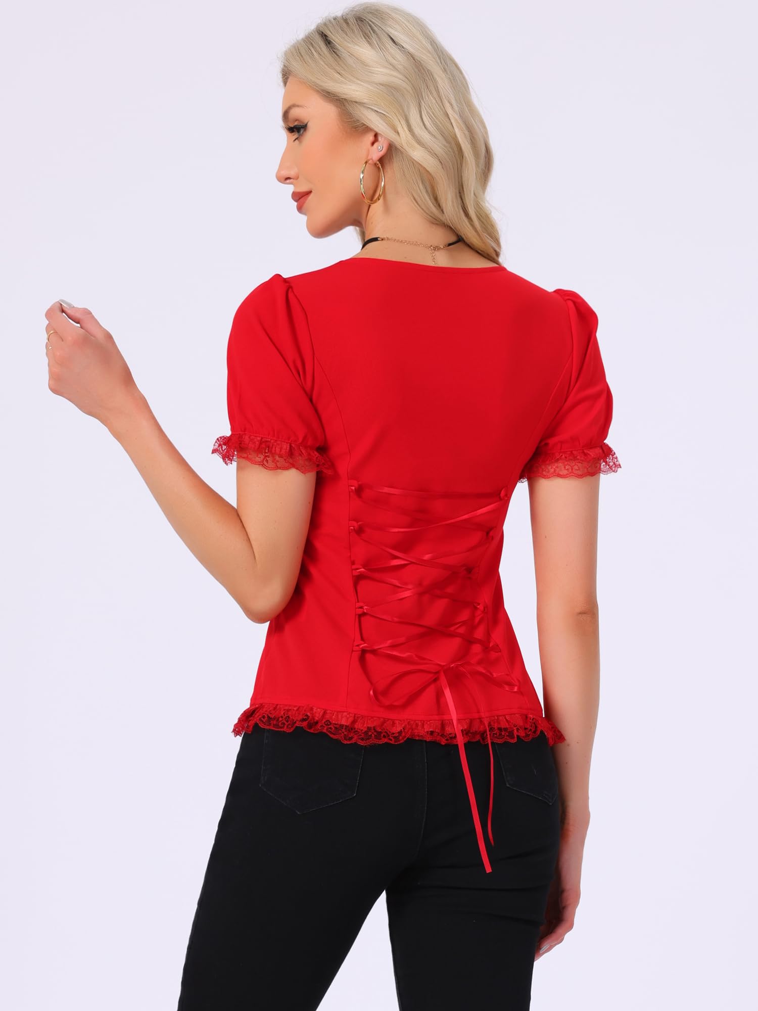 Allegra K Camicia vittoriana da donna con scollo a cuore, maniche a sbuffo, per Halloween, con lacci