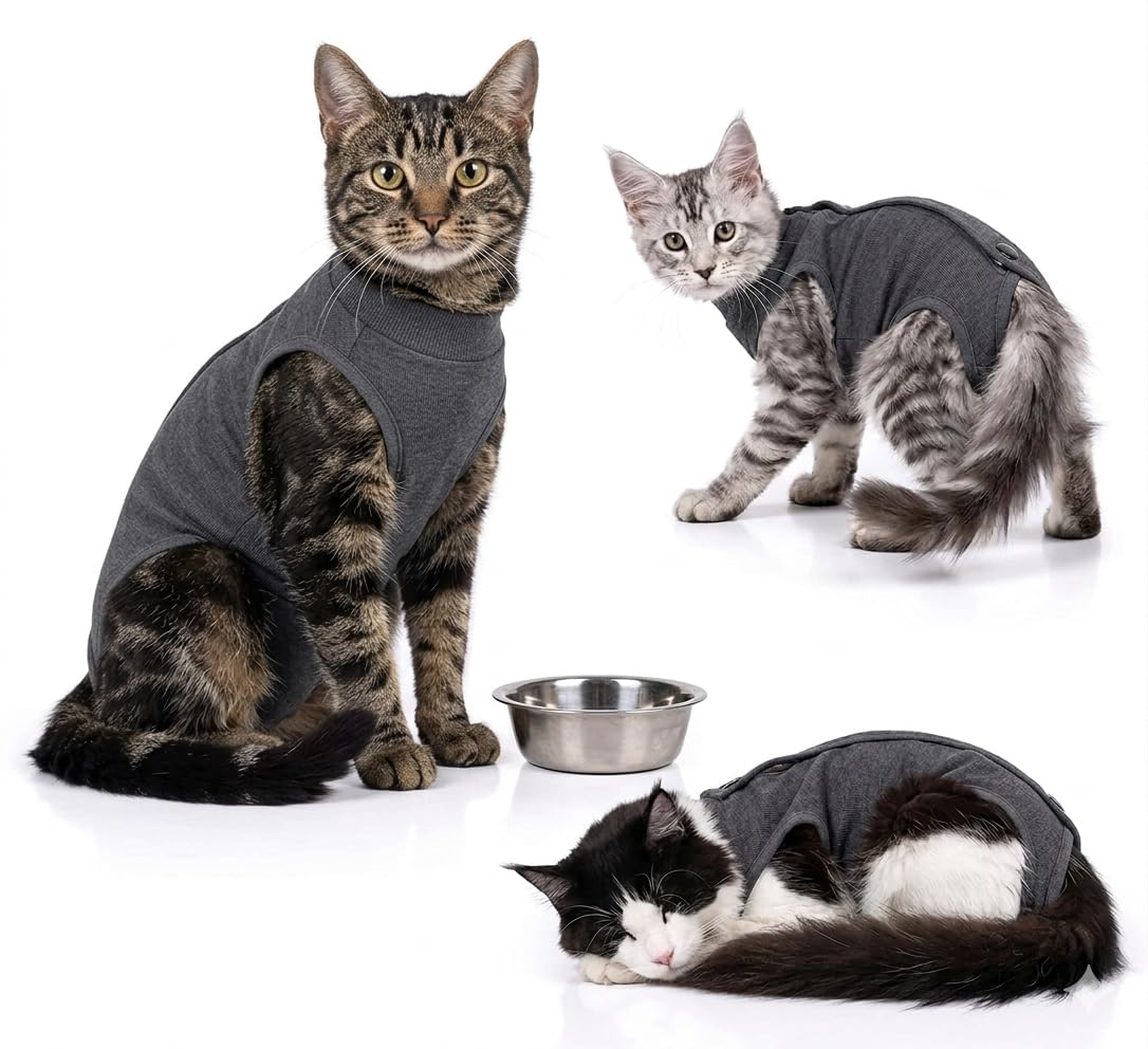 Body pour Chat après Stérilisation, Body Chat Post Opératoire pour Femelle & Mâle, Coton Doux, Protection Plaies Abdominales, Convient pour 3-5kg, Taille M - Gris