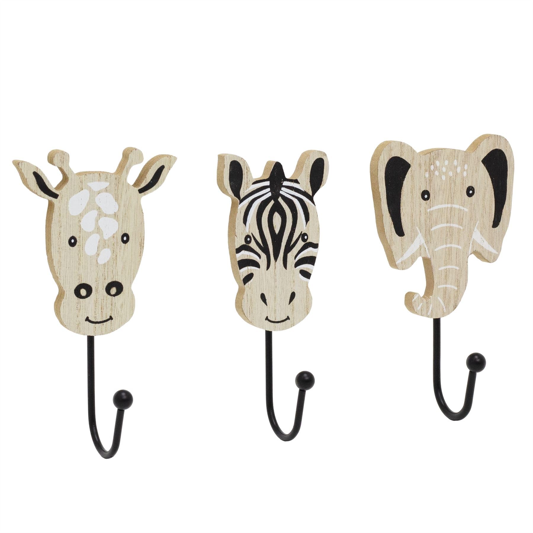 Carousel Home Natural Set Of 3 Safari Animal Wooden Wall Hooks, Kids Jungle Nursery Coat Hooks With Zebra Giraffe Elephant And Black Metal Hooks