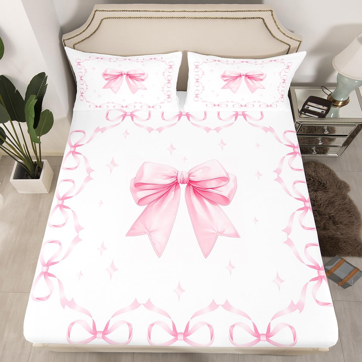 Erosebridal Girls Bow Fitted Sheet Queen Size for Kids Teens Adults,Cute Pink Bow Tie Bed Sheets,Cartoon Stars Bed Set,Princess Bowknot Bedding Set with 2 Pillowcases Deep Pockets,no Top Sheet
