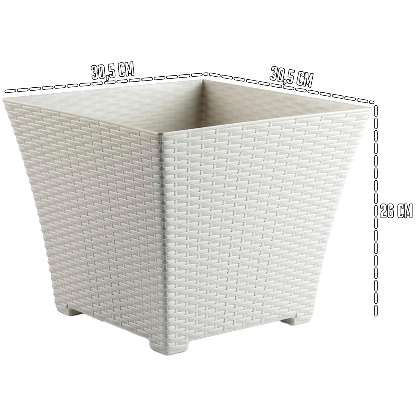 AC - Pack de 3 Macetas Rattan Cuadradas de plástico, Tiesto, macetero, Recipiente para Plantas, Flores, jardín, terraza, hogar, Fabricadas en España (Blanco Marfil - 30 cm)