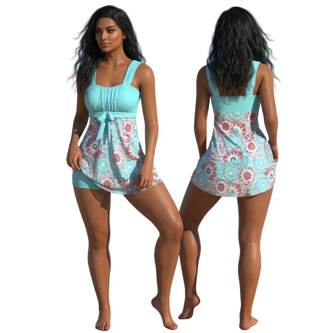 Women's Floral Print Tankini Swimdress Two-Piece Swimming Costume with Wide Gathered Straps and Solid Turquoise Boy Shorts, Modest Full Back Coverage, High Stretch Polyester (Aqua Blue)-picture-23