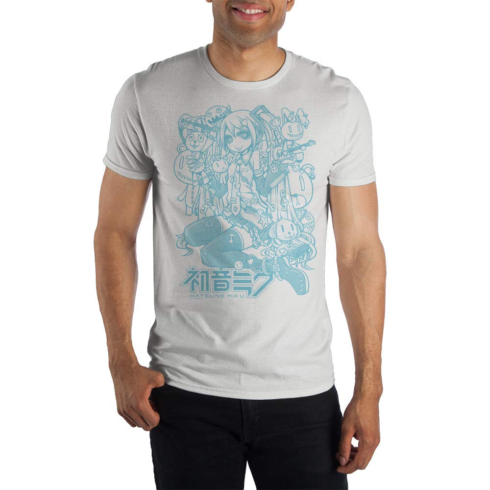 Hatsune Miku Blue Line Art Crew T-Shirt, Vocaloid Star with Cute Animals Accessory Stylish