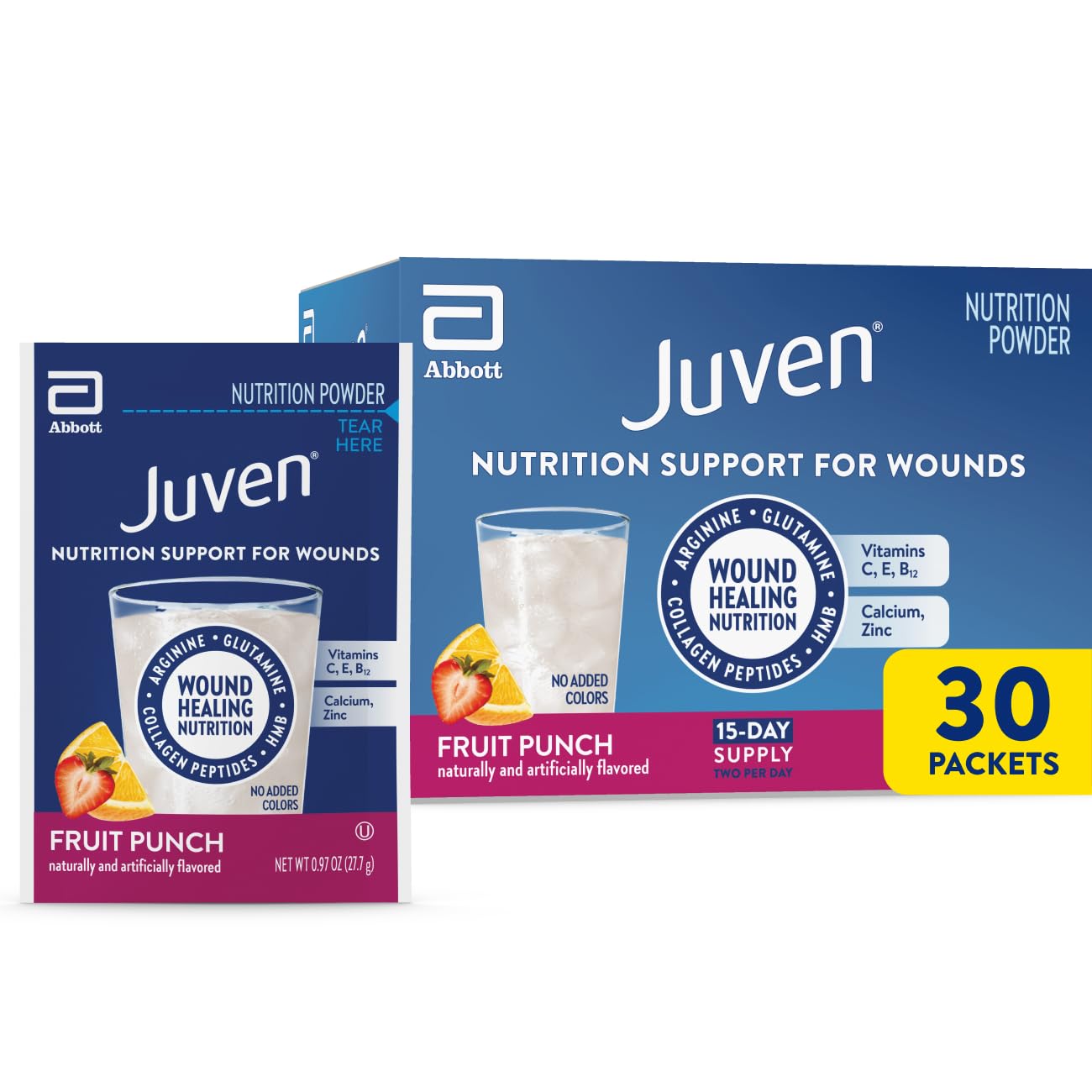 Juven Therapeutic Nutrition Drink Powder Including Collagen Peptides Amino Acids and HMB For Wound Healing Support Fruit Punch
