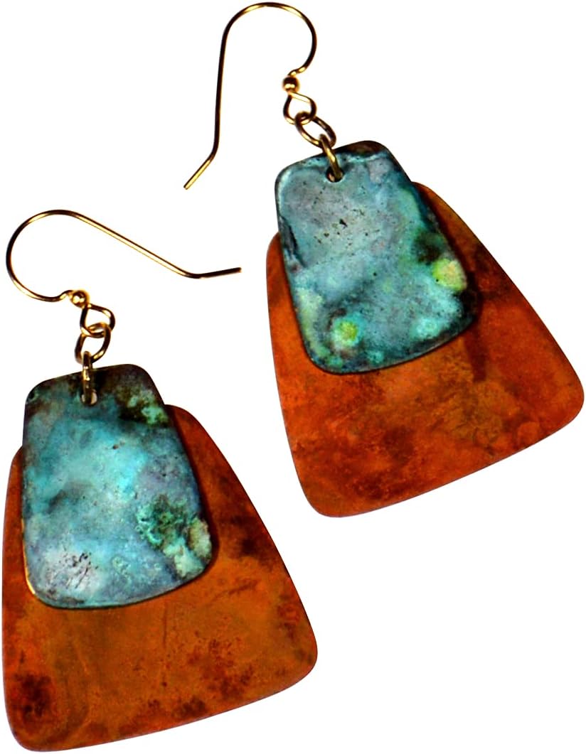 Elaine Coyne Verdigris And Earth Patina Brass Bohemian Chic Double Trapezoid Earrings