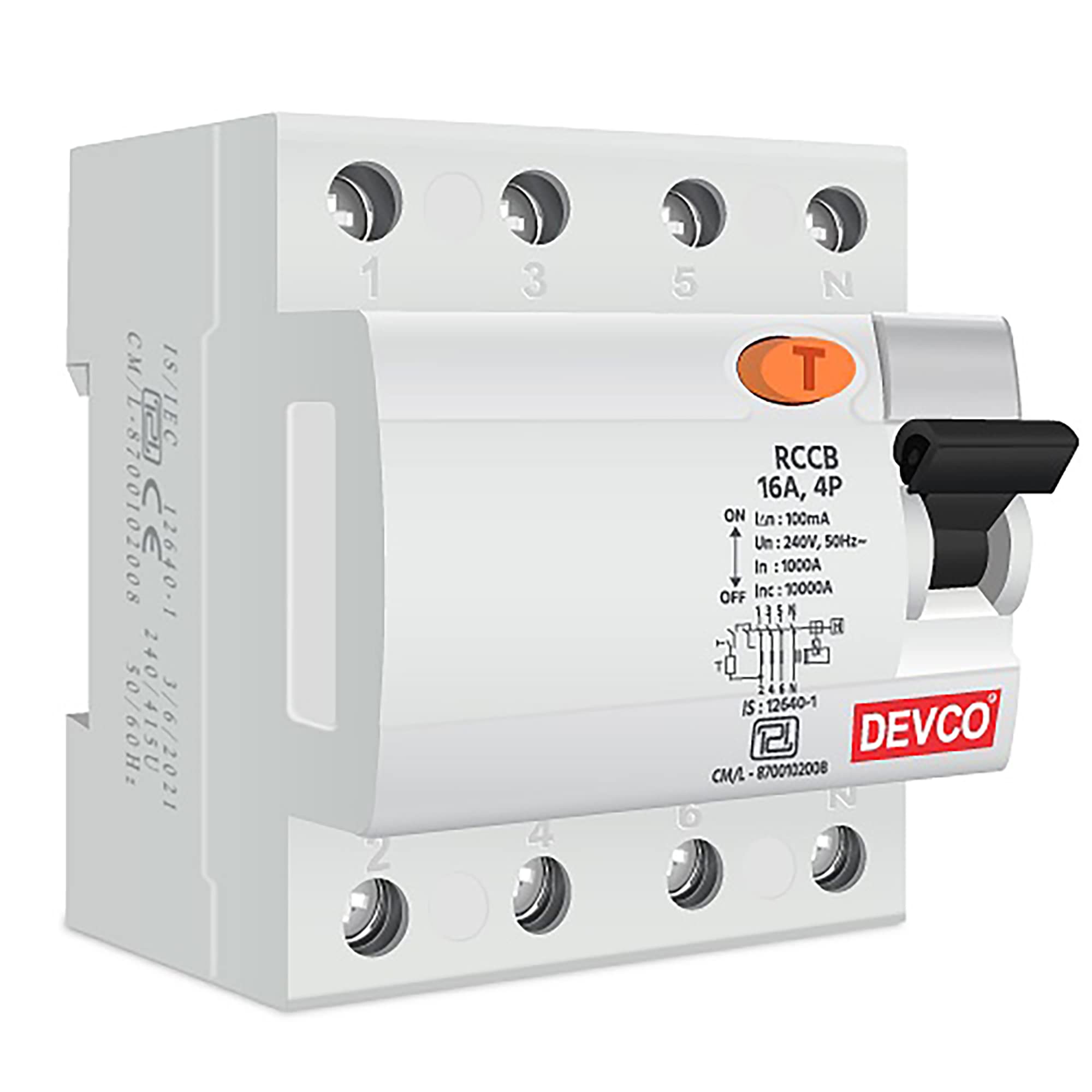 DEVCORCCB 4 Pole 16 AMP/100mA 240 V Residual Current Circuit Breaker ISI Mark MCB (White)