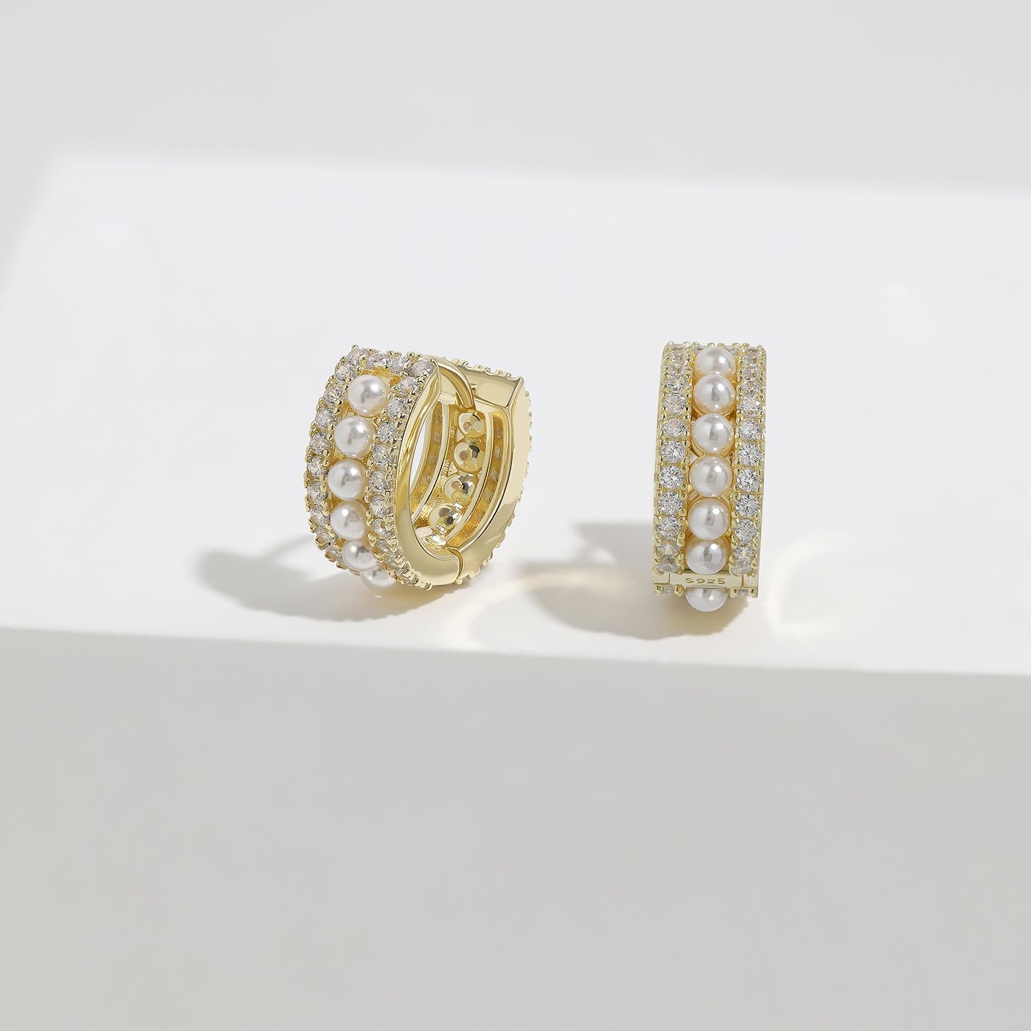 Gold Hoop Earrings for Women Chunky Pearl Huggie Earrings 925 Sterling Silver Wedding Hoops