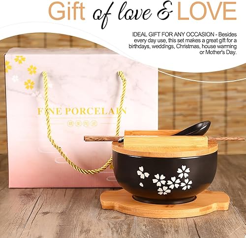 Miniatura 6 de Tazón de cerámica para ramen Sakura (33.8 fl oz) con tapa, cuchara, palillos, bandeja de bambú, estilo tradicional japonés, color negro