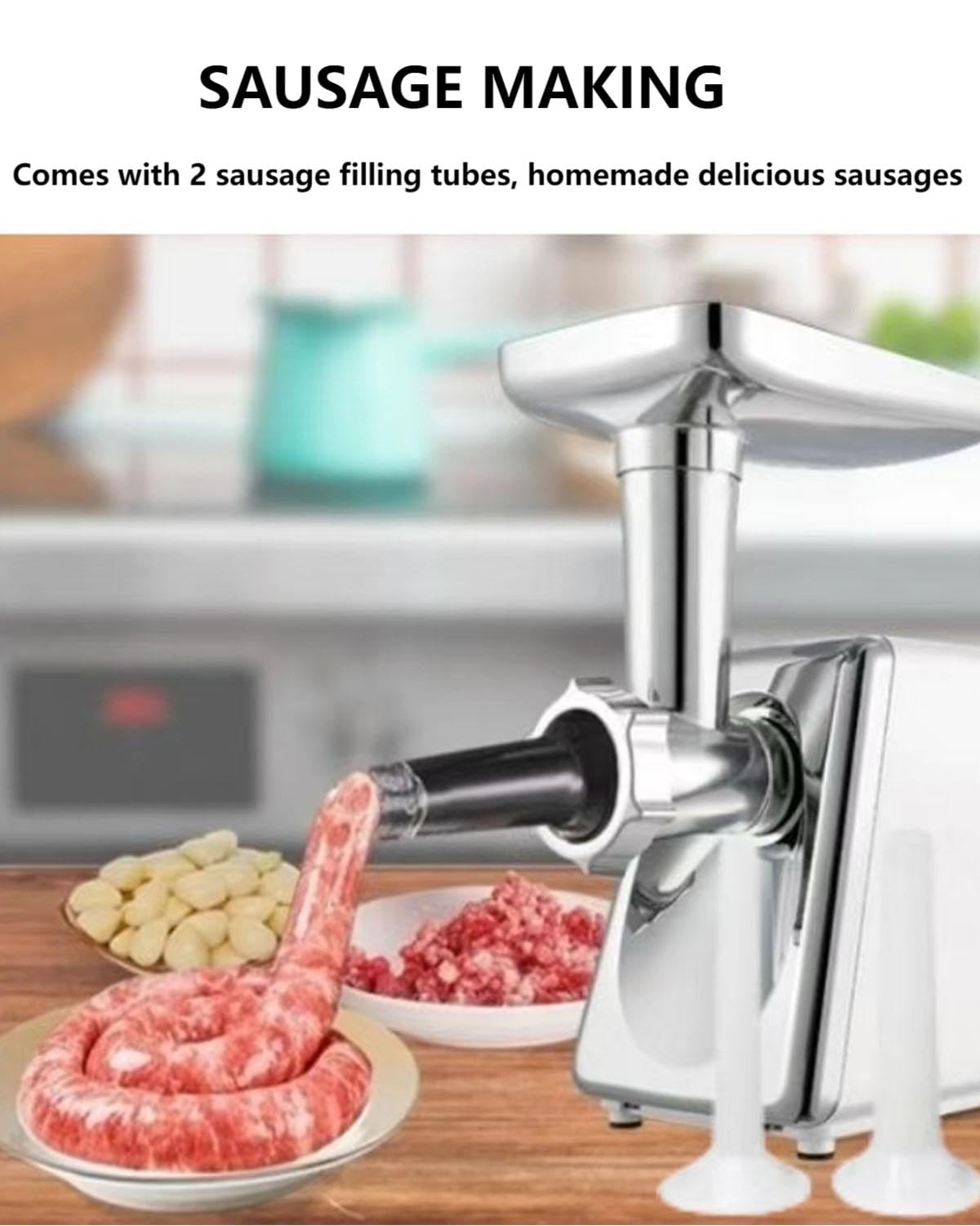 Picadora de carne eléctrica, máquina multifuncional de procesamiento de alimentos, acero inoxidable blanco