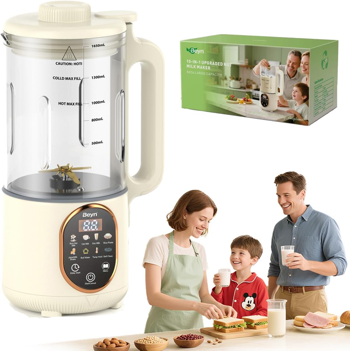 Beyn 60oz Nut Milk Maker Machine with 48 Titanium Blades, 10-in-1 Automatic Nut Milk Maker, Soy Milk Maker with Delay Start&Keep Warm, Almond Milk Maker for Homemade Oat, Milk Shake White