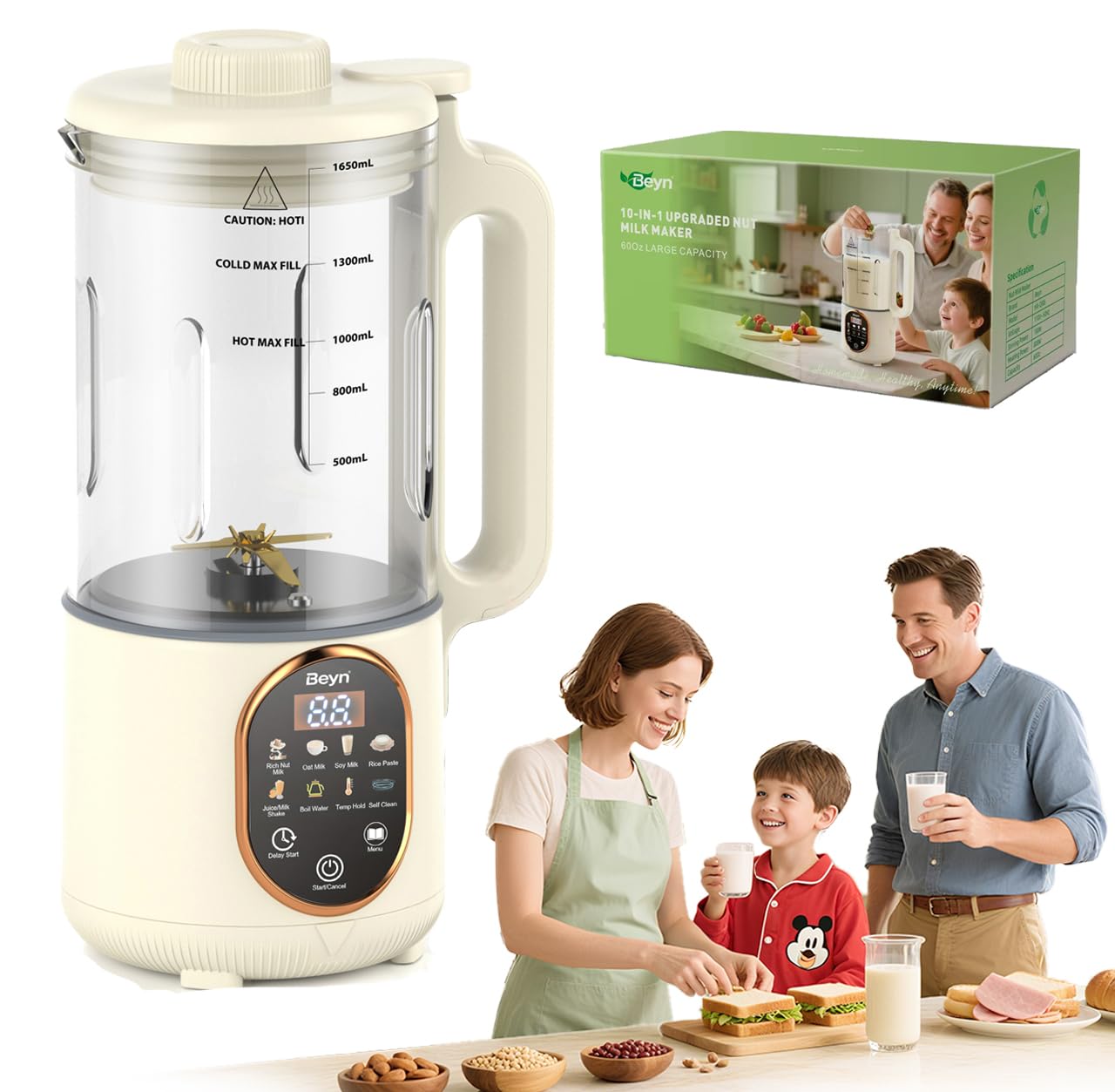 Beyn 60oz Nut Milk Maker Machine with 48 Titanium Blades, 10-in-1 Automatic Nut Milk Maker, Soy Milk Maker with Delay Start&Keep Warm, Almond Milk Maker for Homemade Oat, Milk Shake image 1