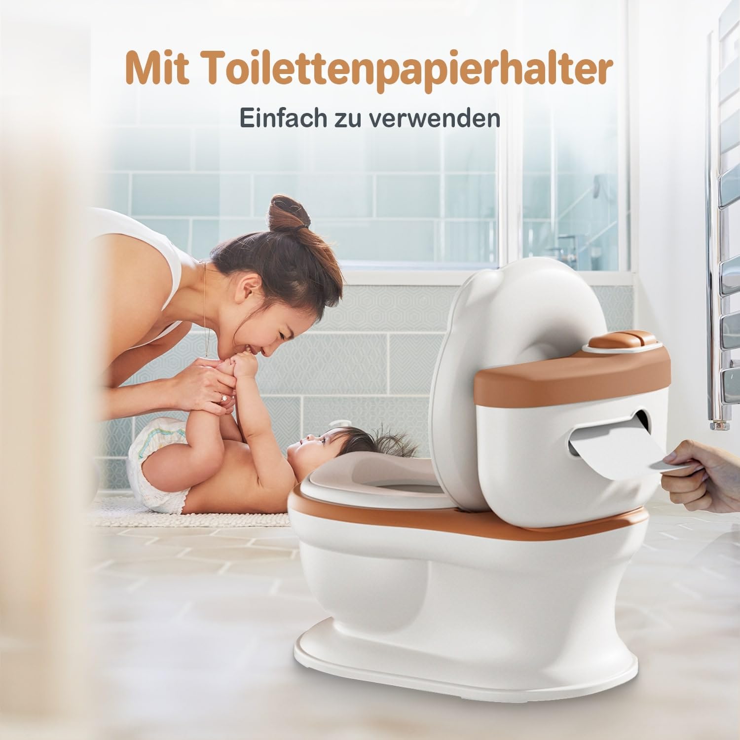 Twinky® Töpfchen für Baby & Kind – 3-in-1 Potty Trainer & Kindertoilette für Baby Toilette Inkl Spülklang, kompaktes Design, Musik und Rollenhalter – perfekter Toilettensitz für Kinder – Braun