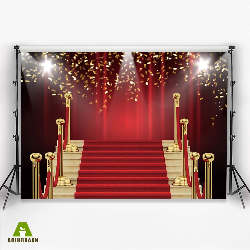 Aoihrraan 2,2x1,5m Red Carpet Stage Photography Backdrop Gold Sequins Stairs Curtain VIP Guest Catwalk Event Background Awards Ceremony Prom Party Grad Decoration Vlogger Portrait Photo Studio Props - Image 3