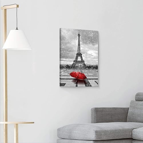 Miniatura 5 de ARTISTIC PATH Pintura de la Torre Eiffel, arte de pared, diseño de paisaje urbano de París, impresión de paraguas rojo sobre lienzo para dormitorio