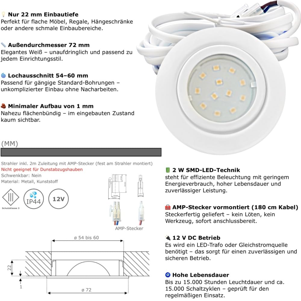 5er Set IP44 LED Möbel-Einbauleuchten 12V flach 2,4W, 200lm, Weiß, inkl. Trafo, 230V Kabel, Netzstecker, AMP Verteiler, Bohrloch 54-60mm, Neutralweiß 4000K – Ideal für Bad, Küche, Wohnzimmer, Schränke