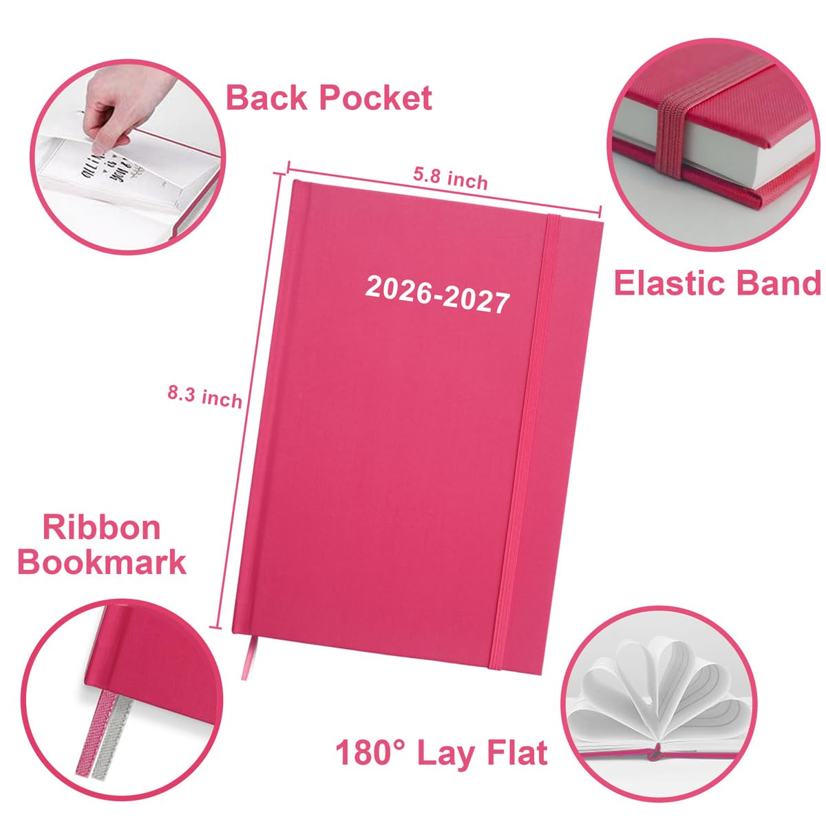 Planer 2025 – planer tygodniowy i miesięczny od stycznia 2025 do grudnia 2025, agenda 2025 z kieszenią wewnętrzną, elastyczną taśmą, twardą okładką, idealny organizer na co dzień, 14 x 20 cm, różowy