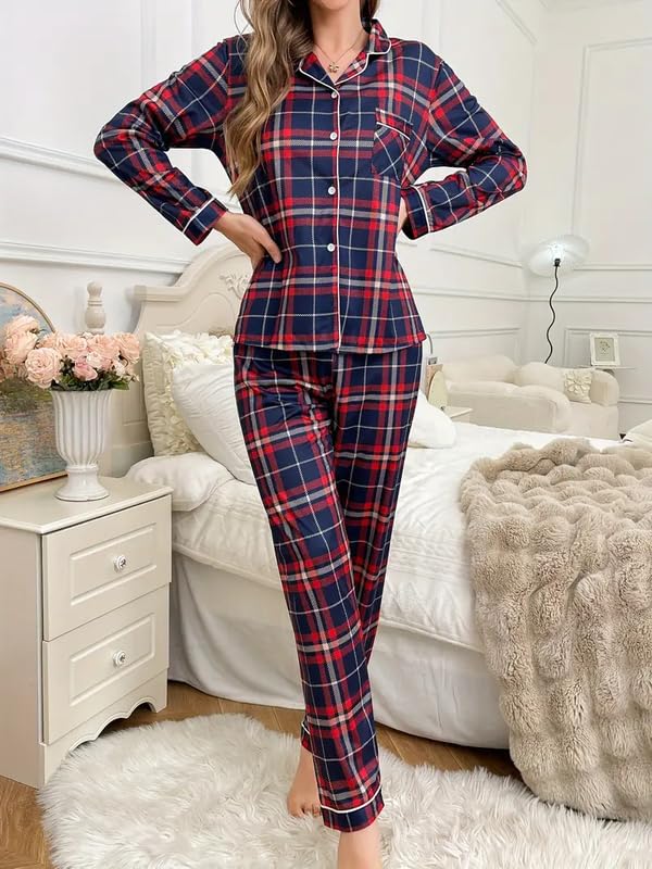 Image of Night Suit for Women with Full Sleeve Button-Down Top with Pant Dress for Woman,Night Dress for Woman, Two-Piece Loungewear Set