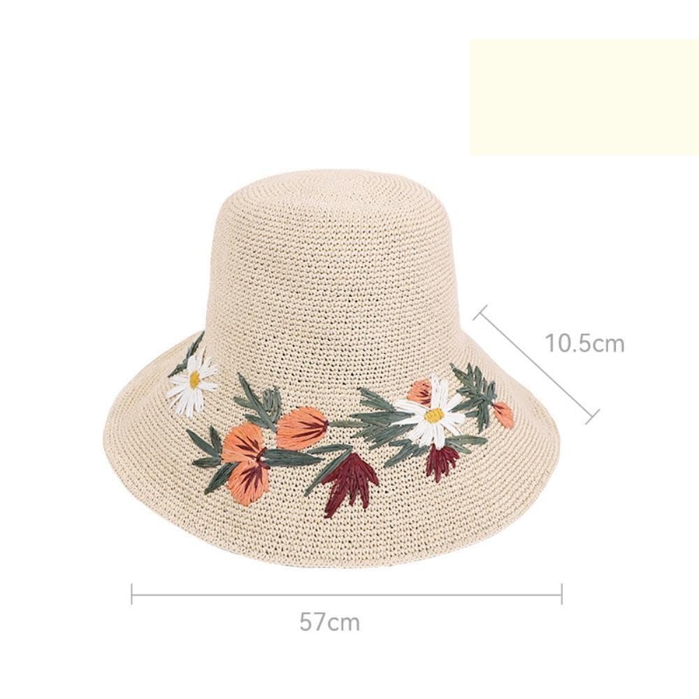 Cappello da Sole in Paglia, Fiore Ricamato, Tesa Larga, Pieghevole,