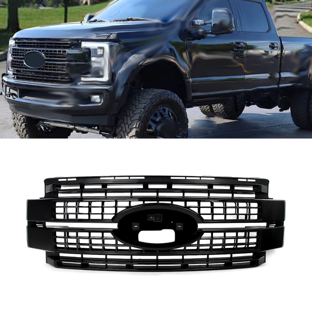 MIC Front Grille Grill Assembly Compatible with 2017-2019 F-250 F-350 F250 F350 Super Duty Platinum (Gloss Black)
