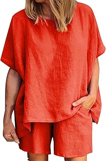 Generisch Chándal para mujer suelto casual cuello redondo de algodón de color sólido lino pantalones cortos de dos piezas trajes de casa mujer